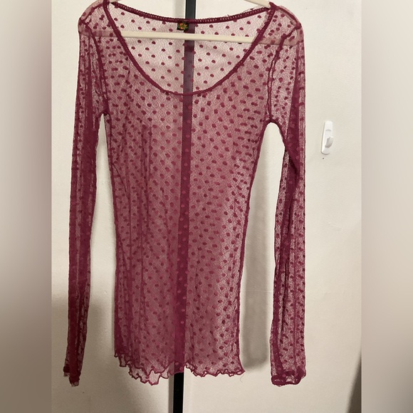 Poof Vintage Y2K Women's Pink Shirt Sheer Burgundy Polka Dot Top - Picture 11 of 12